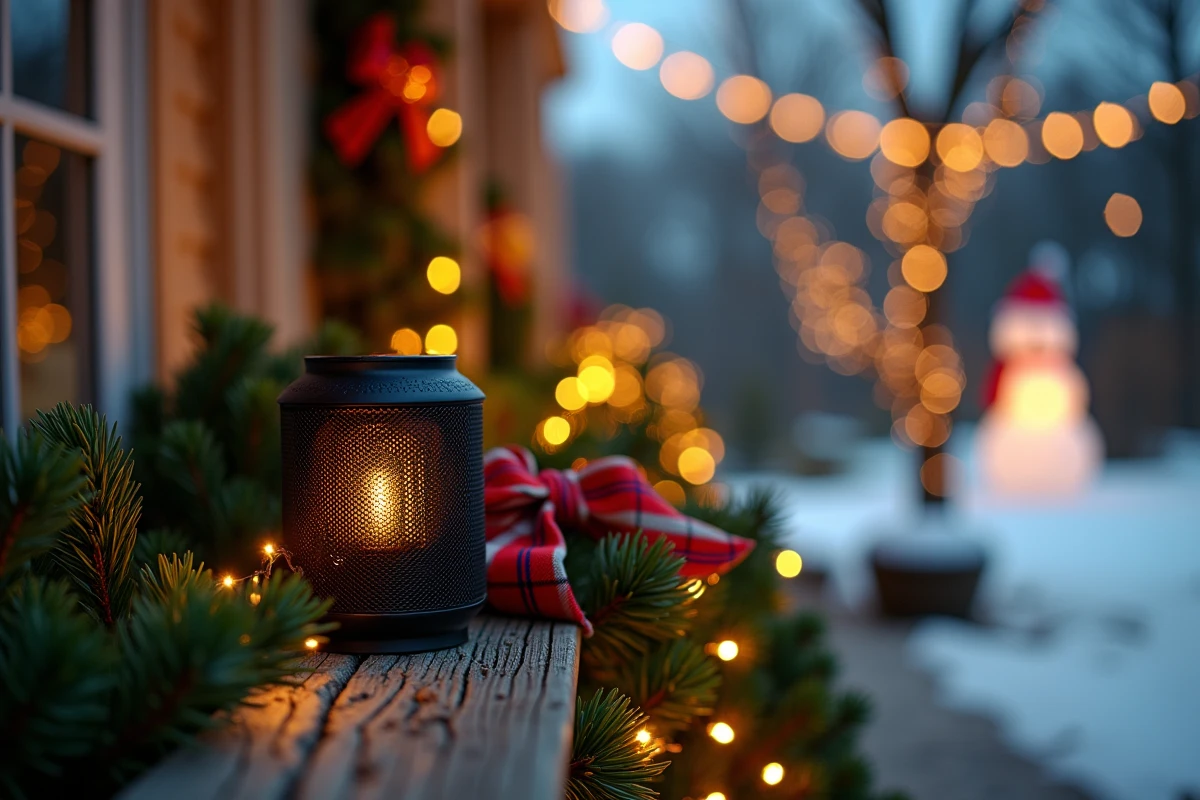 Gros plan sur une guirlande de sapin et un haut-parleur extérieur lanterne décorant la rambarde d'un porche de Noël enneigé