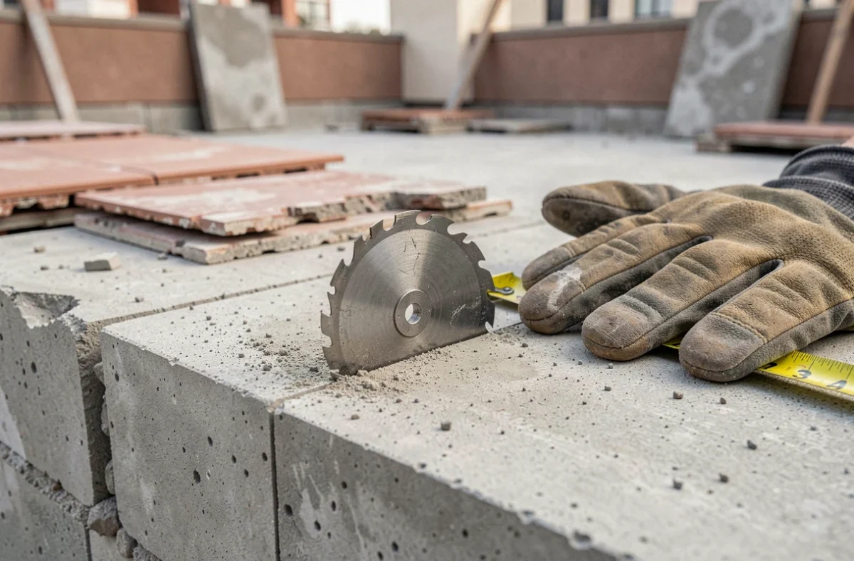 Gros plan sur une lame diamant et une coupe nette dans une dalle béton lors d'un chantier de rénovation
