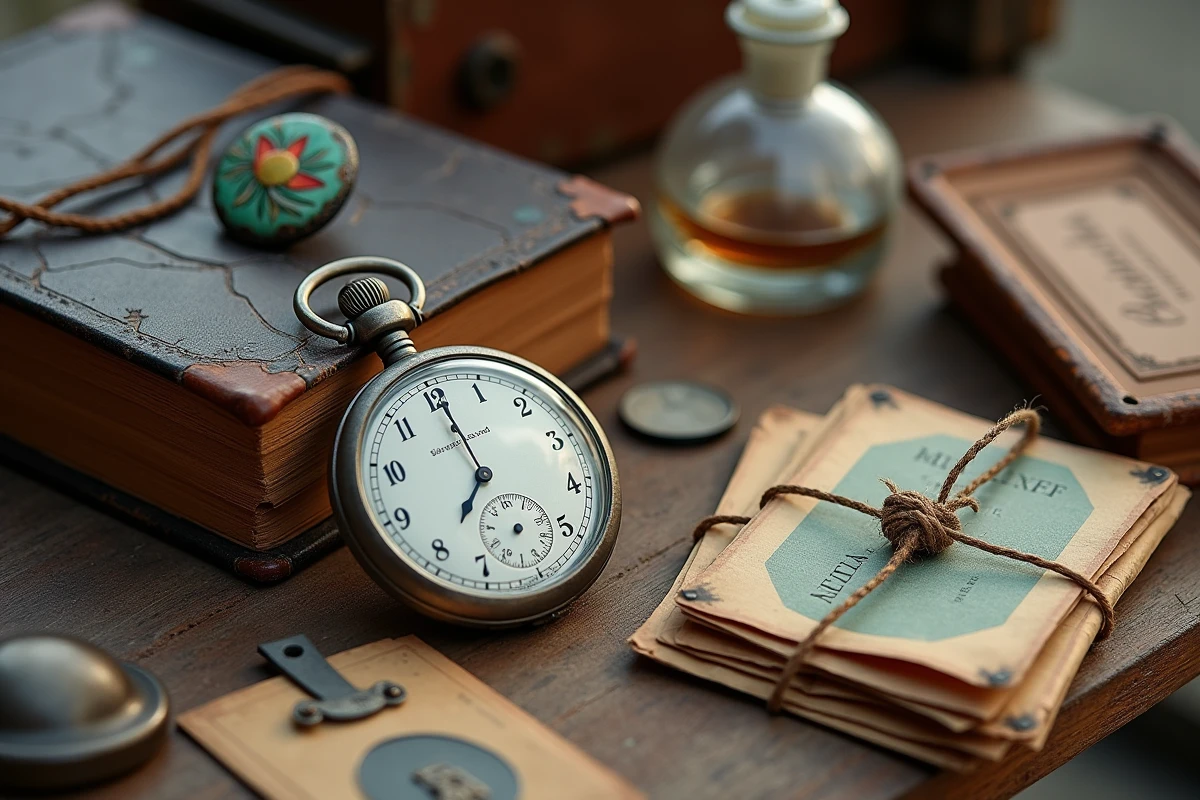 Gros plan sur des objets vintage et anciens disposés sur une table de brocante dans le 13e arrondissement