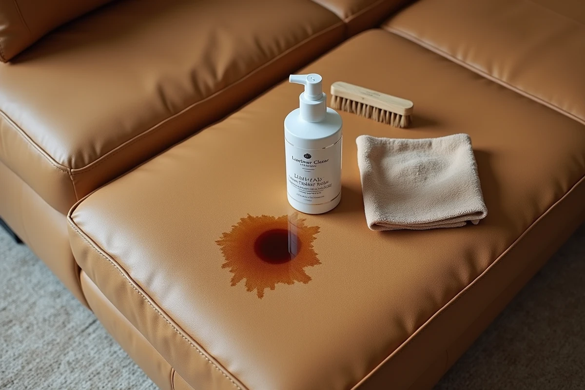 Gros plan sur une tache de café en cours de nettoyage sur un canapé en cuir beige avec spray nettoyant et microfibre