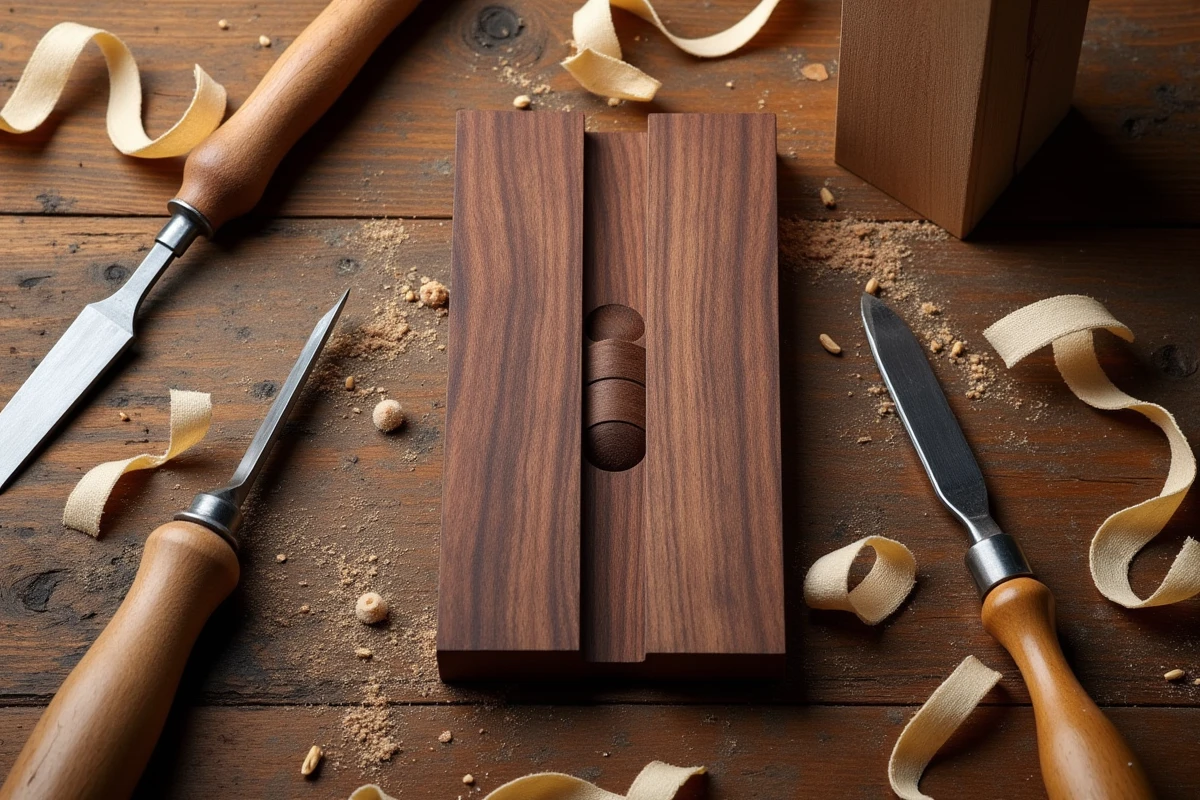 Gros plan d'un assemblage tenon mortaise en noyer avec outils de menuiserie sur un établi en bois