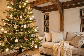 Sapin de Noël intérieur décoré de guirlandes lumineuses à ampoules rondes style guinguette dans un salon scandinave chaleureux