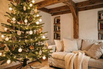 Sapin de Noël intérieur décoré de guirlandes lumineuses à ampoules rondes style guinguette dans un salon scandinave chaleureux