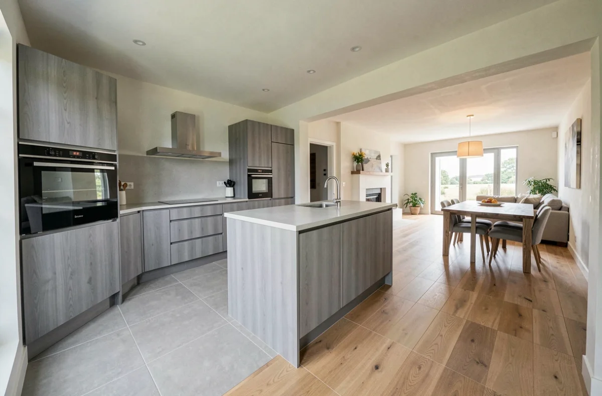 Réalisation de cuisine contemporaine par H & O Developpement dans une maison neuve en Aveyron
