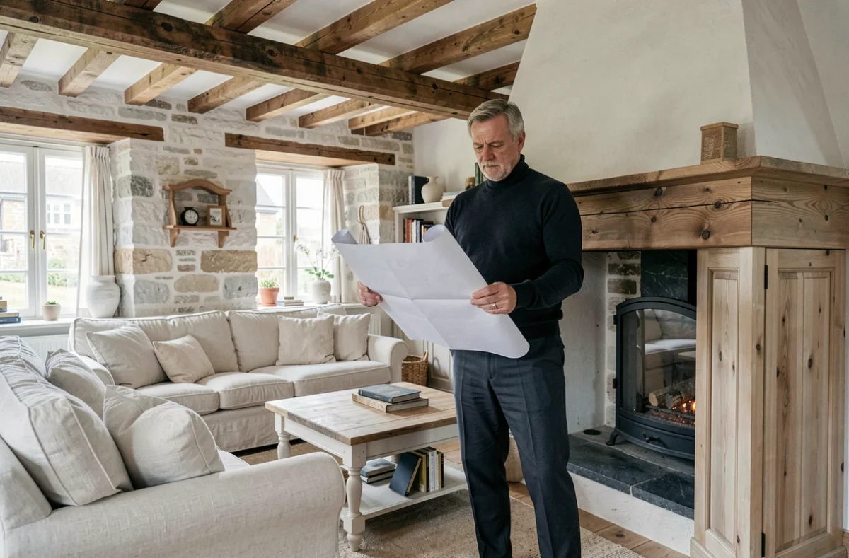 Architecte spécialisé Herlédan Frédéric dans un intérieur breton côtier avec poutres apparentes et cheminée sur mesure