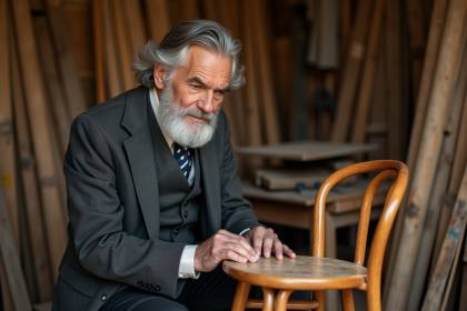Homme age examine une chaise Thonet dans un atelier vintage