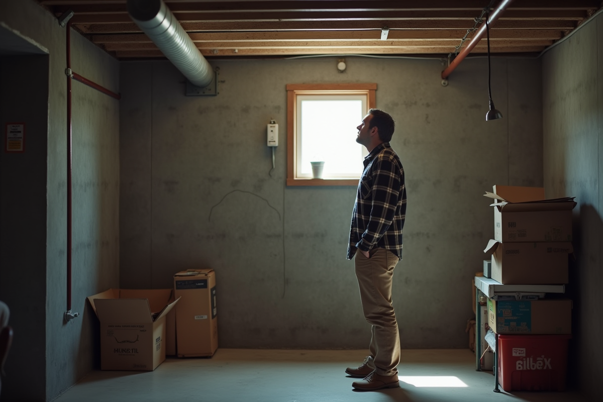 Homme regardant par une petite fenêtre dans un sous-sol