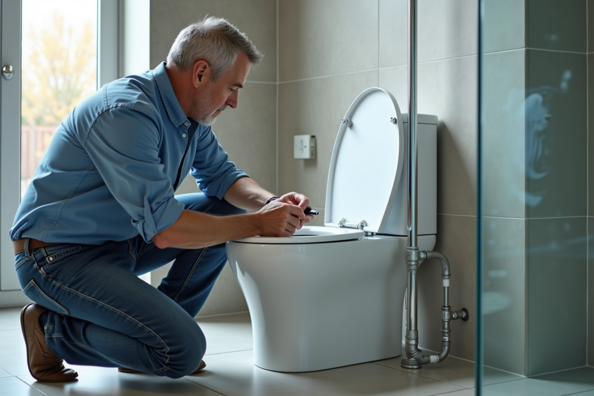 Homme connectant un récupérateur d'eau à une toilette moderne