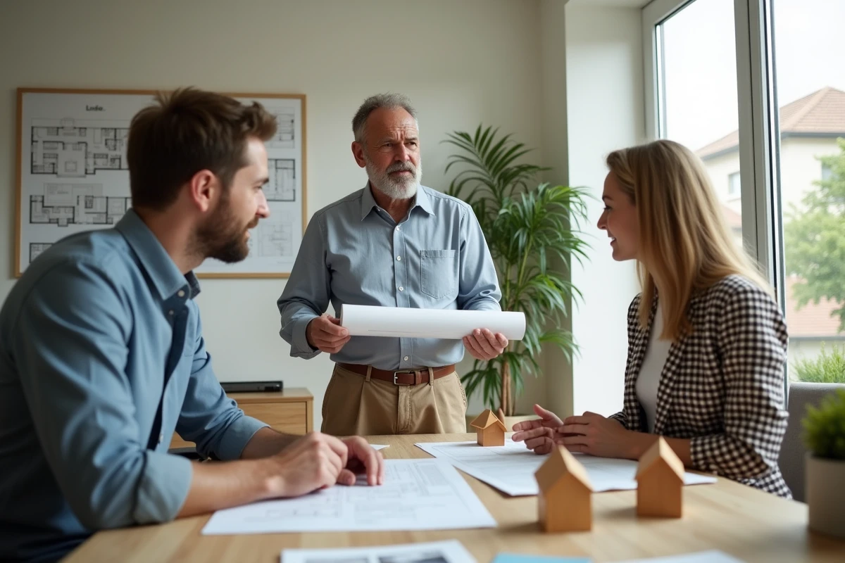 Homme et femme discutant de plans dans un showroom immobilier
