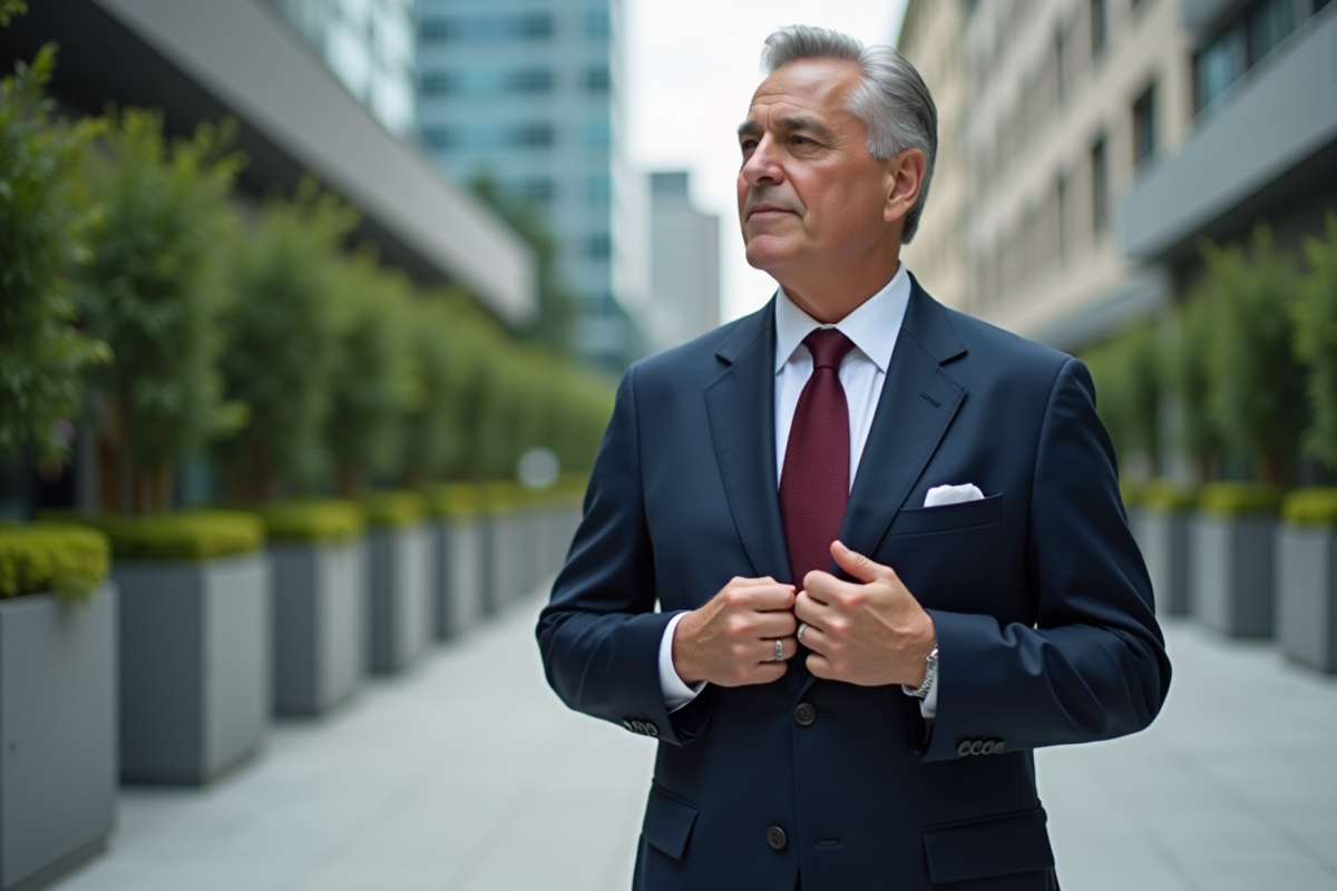 Homme en costume bleu ajusté dans un cadre urbain