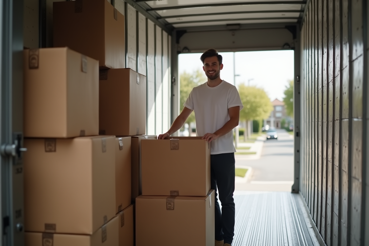 Jeune homme empilant des cartons dans un camion de déménagement
