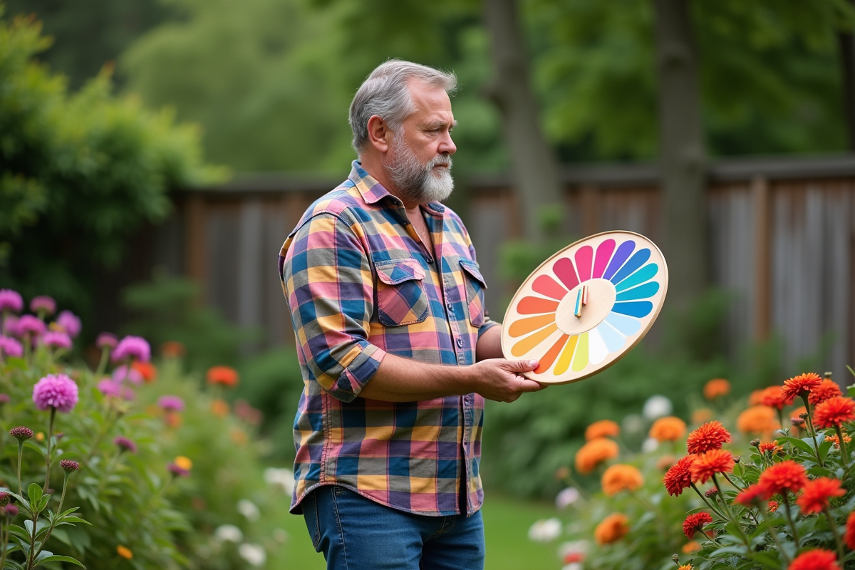 Homme en extérieur comparant une palette de peintures dans un jardin fleuri