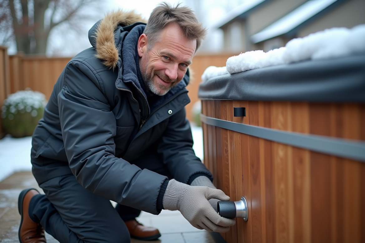 Homme isolant des tuyaux de spa en extérieur