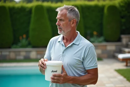 Homme d'âge moyen avec javel près de la piscine