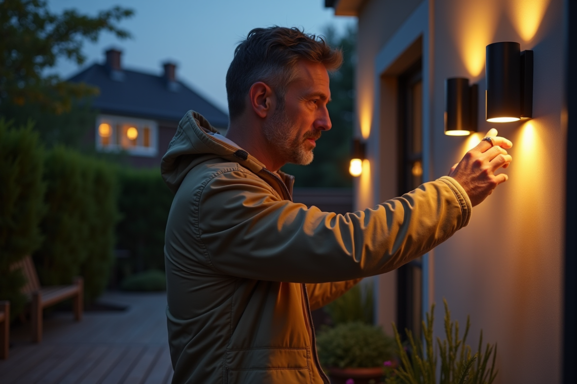 Homme d'âge moyen examine une lampe extérieure moderne au crépuscule