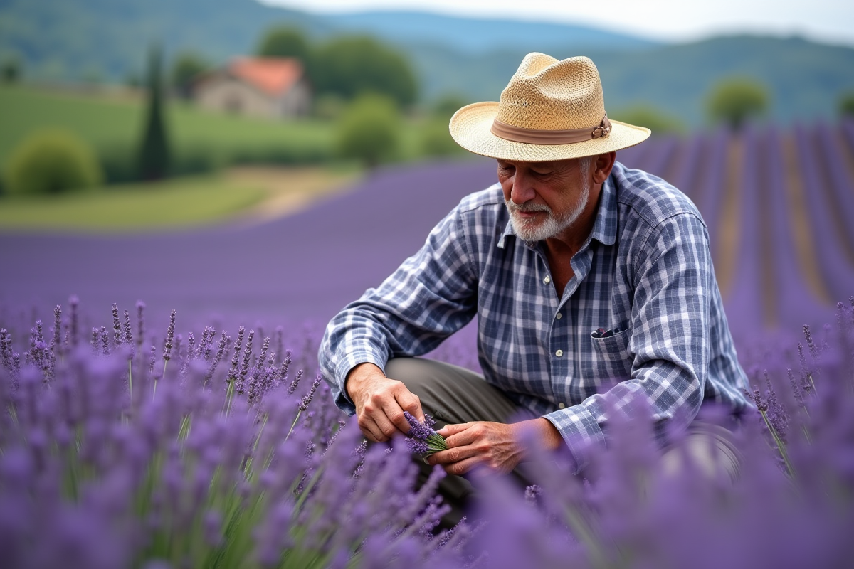 Homme âgé cueillant de la lavande dans un champ en fleurs