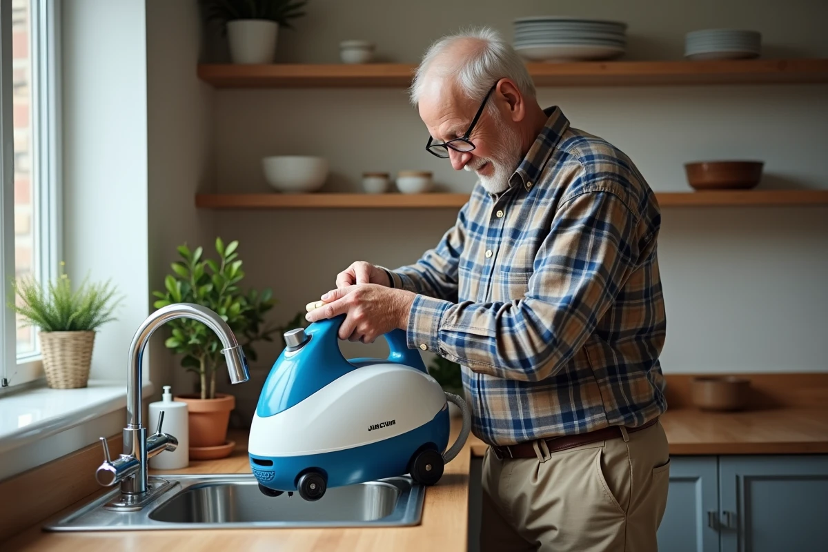 Homme vidant et rinçant le réservoir d un nettoyeur vapeur