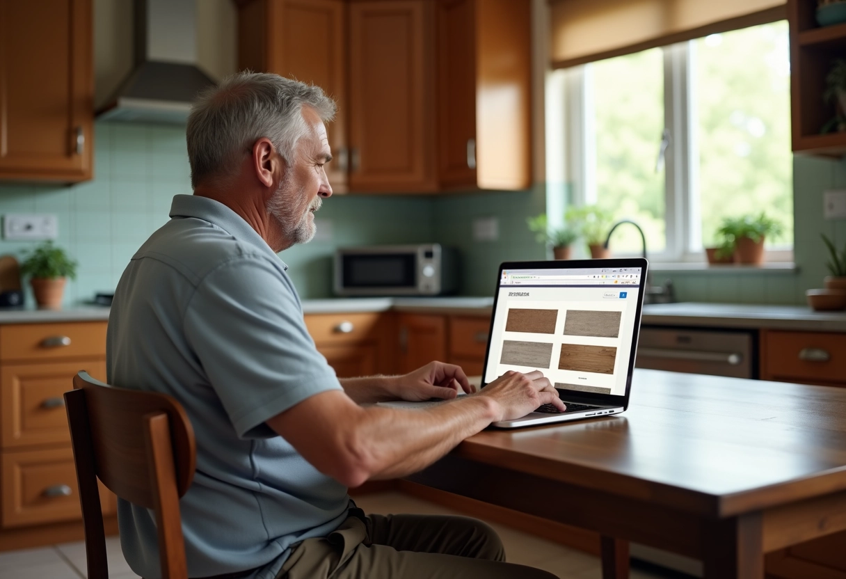 Homme regarde des options de tapis sur son ordinateur à la maison