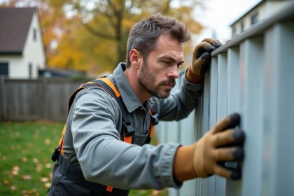 Homme en extérieur fixant un panneau plastique sur une clôture en métal