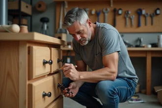 Homme accroupi tenant un tournevis devant un meuble en bois, l'air perplexe face à une vis qui résiste, dans un atelier domestique encombré d'outils
