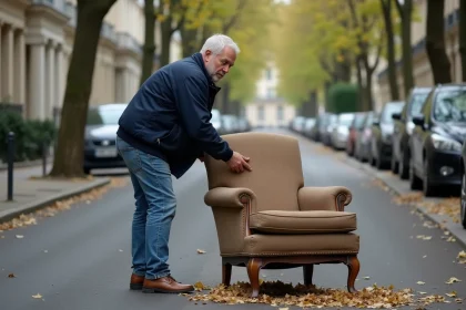Homme en jeans place un fauteuil ancien dans la rue parisienne