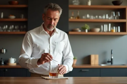 Homme en chemise blanche polissant un verre de whisky
