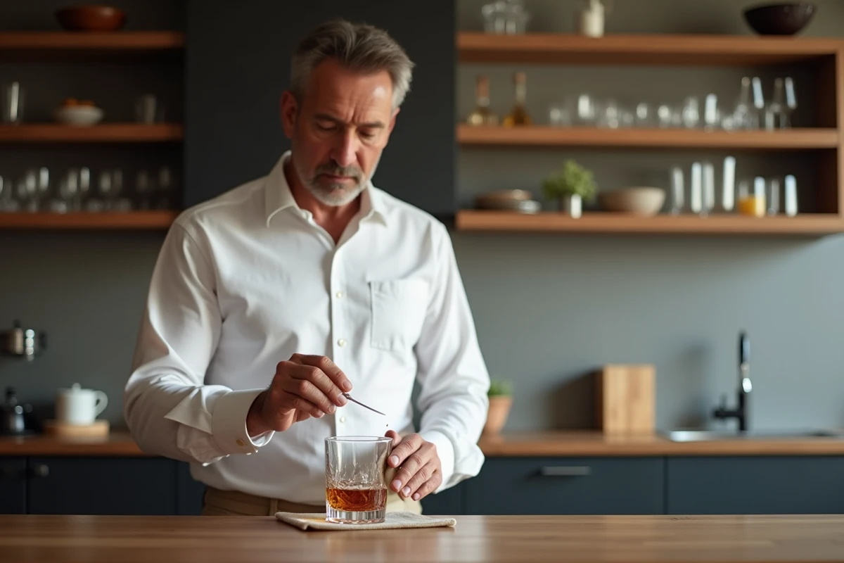 Homme en chemise blanche polissant un verre de whisky
