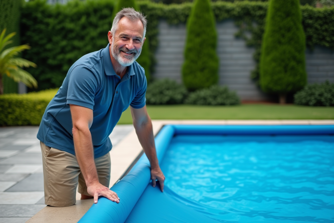 Homme en polo et shorts déployant une couverture de piscine