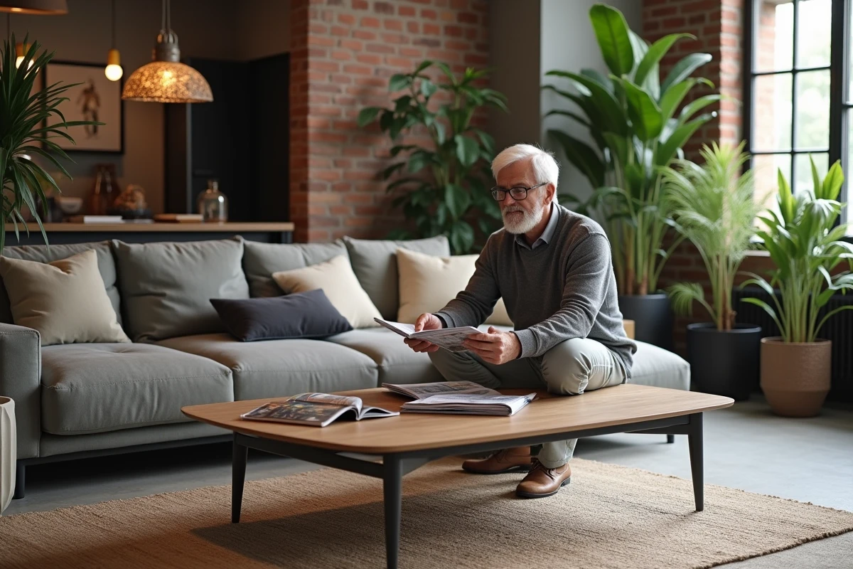 Homme arrange des magazines sur une table dans un loft élégant