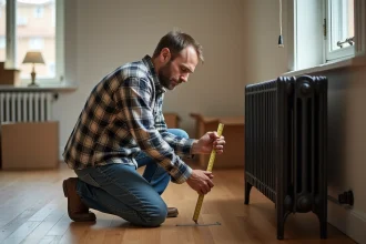 Homme vérifiant un radiateur en fonte dans un salon rénové