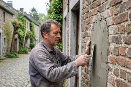 Homme en overalls appliquant du plâtre sur une façade ancienne
