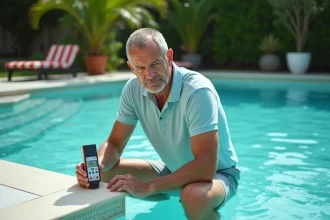 Homme testant l'eau de la piscine avec un appareil