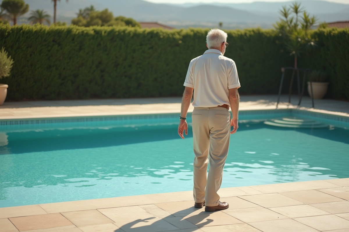 Homme âgé touchant le carrelage autour de la piscine