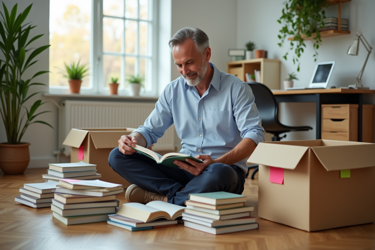 Homme triant des livres dans un bureau moderne et lumineux