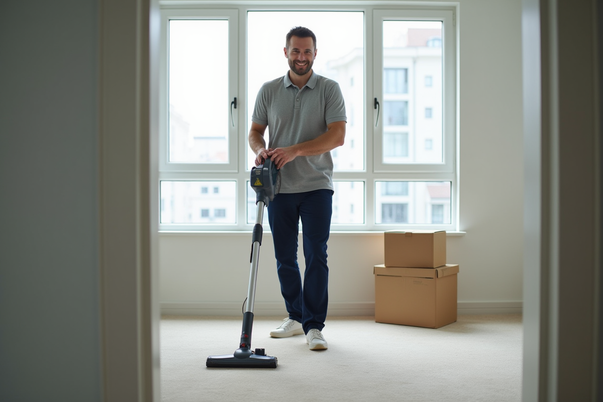 Homme middleaged aspirant le tapis dans un appartement lumineux