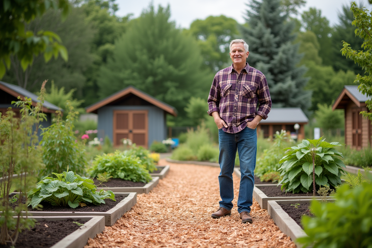 Homme dans un jardin communautaire examinant un chemin mulche