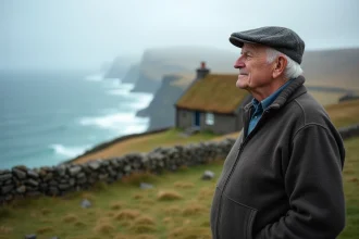 Homme âgé en pull traditionnel Faroes sur une colline venteuse