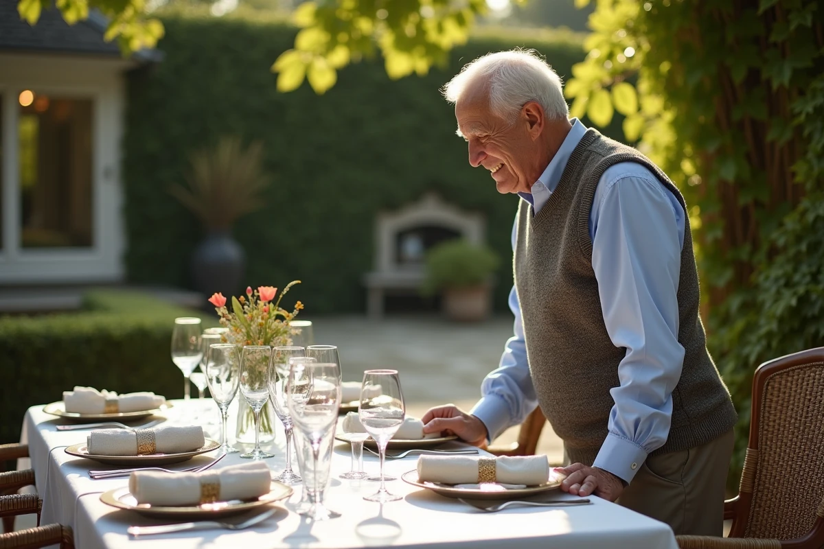 Homme âgé admirant une table de jardin élégante