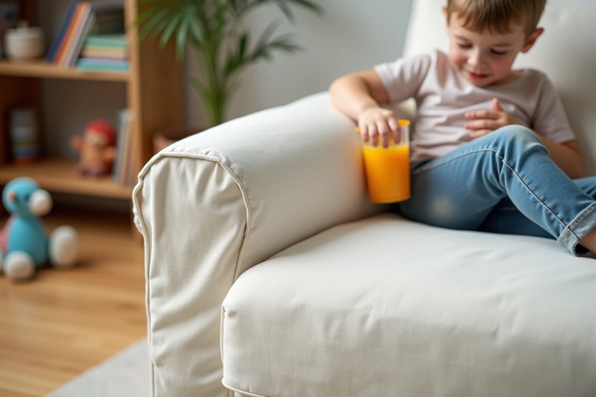 Gros plan sur une housse de protection amovible sur un canapé familial avec la main d'un enfant posée sur l'accoudoir