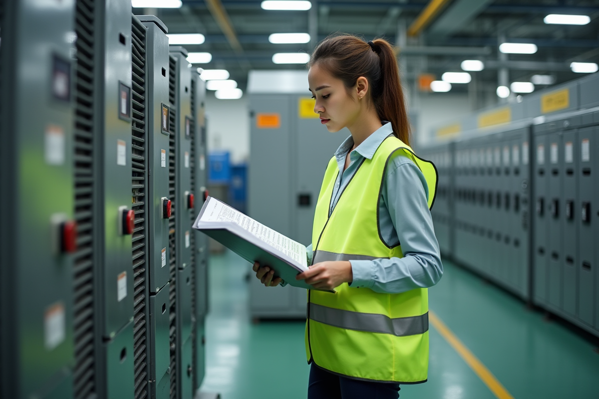 Jeune femme ingénieure inspectant un tableau électrique industriel