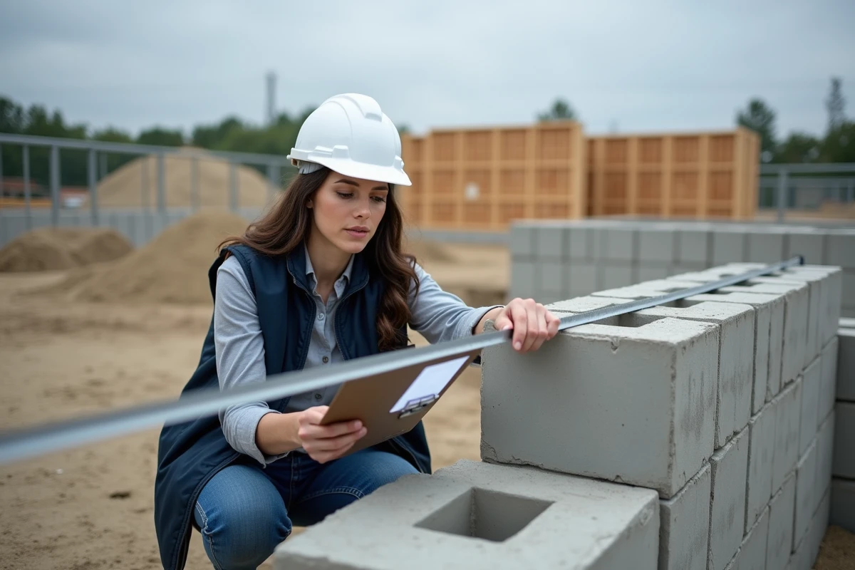 Ingénieure mesurant les dimensions d'un parpaing sur un chantier de construction pour vérifier les normes d'isolation