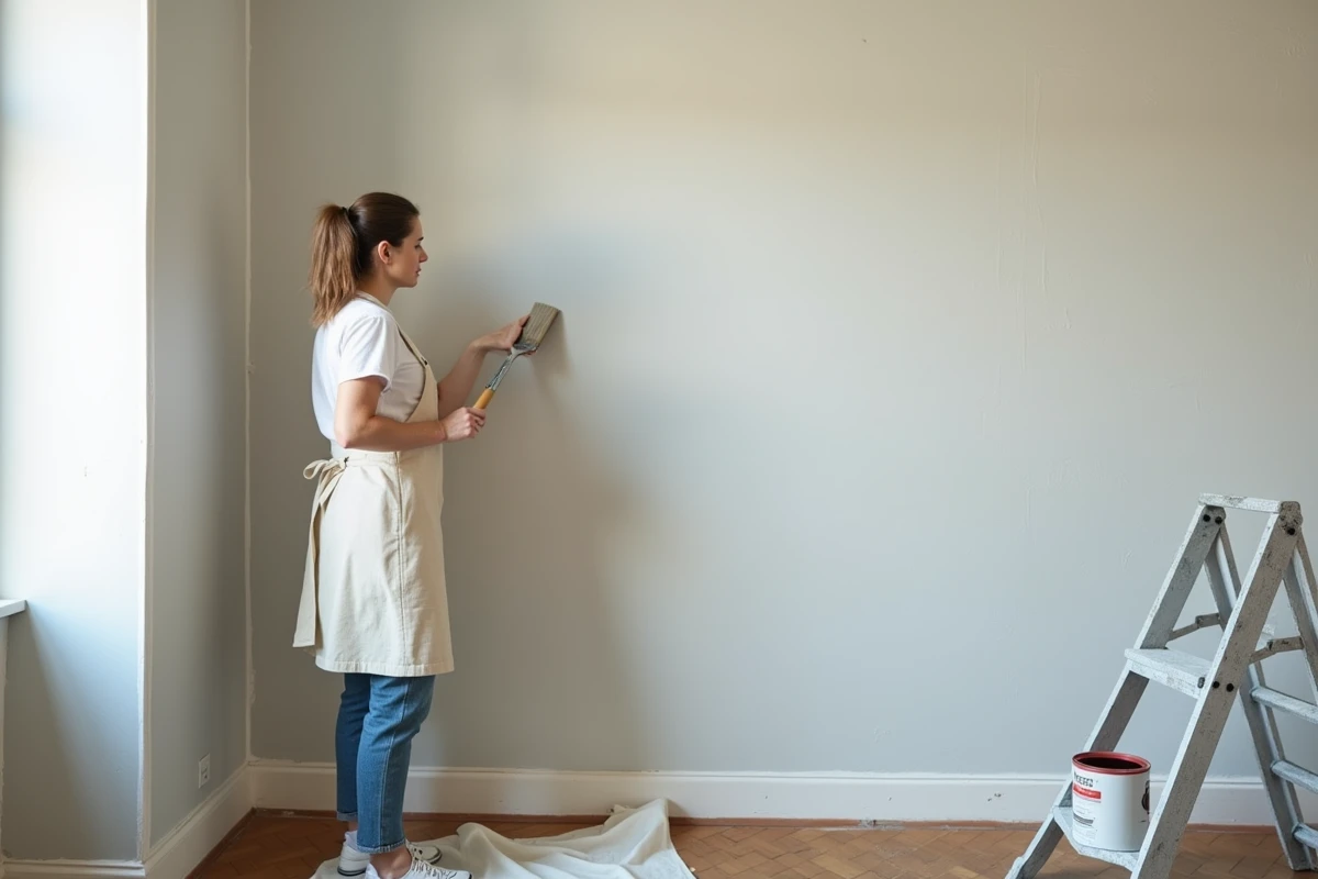 Femme inspectant une surface fraîchement peinte à la glycéro dans un appartement en rénovation, vérifiant l'absence de traces et de défauts