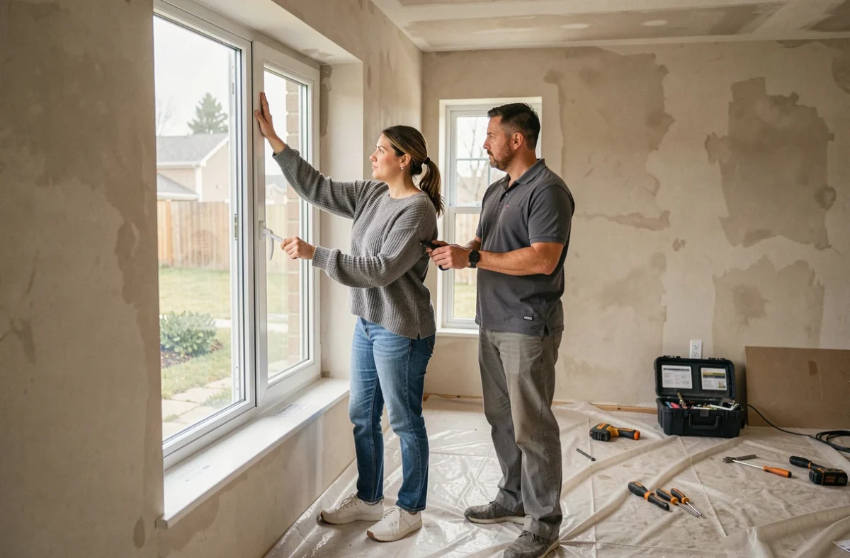 Propriétaire et technicien installant un double vitrage dans une maison en rénovation pour se conformer aux normes thermiques