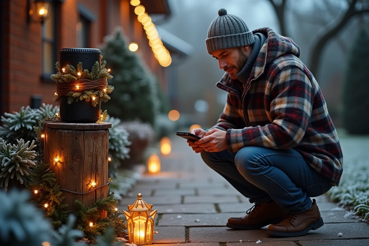 Homme installant un haut-parleur Bluetooth extérieur au milieu de décorations de Noël lumineuses dans un jardin givré