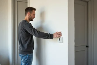 Homme d'âge moyen examine deux poussoirs modernes dans un appartement