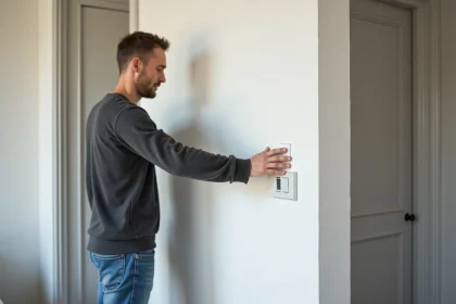 Homme d'âge moyen examine deux poussoirs modernes dans un appartement