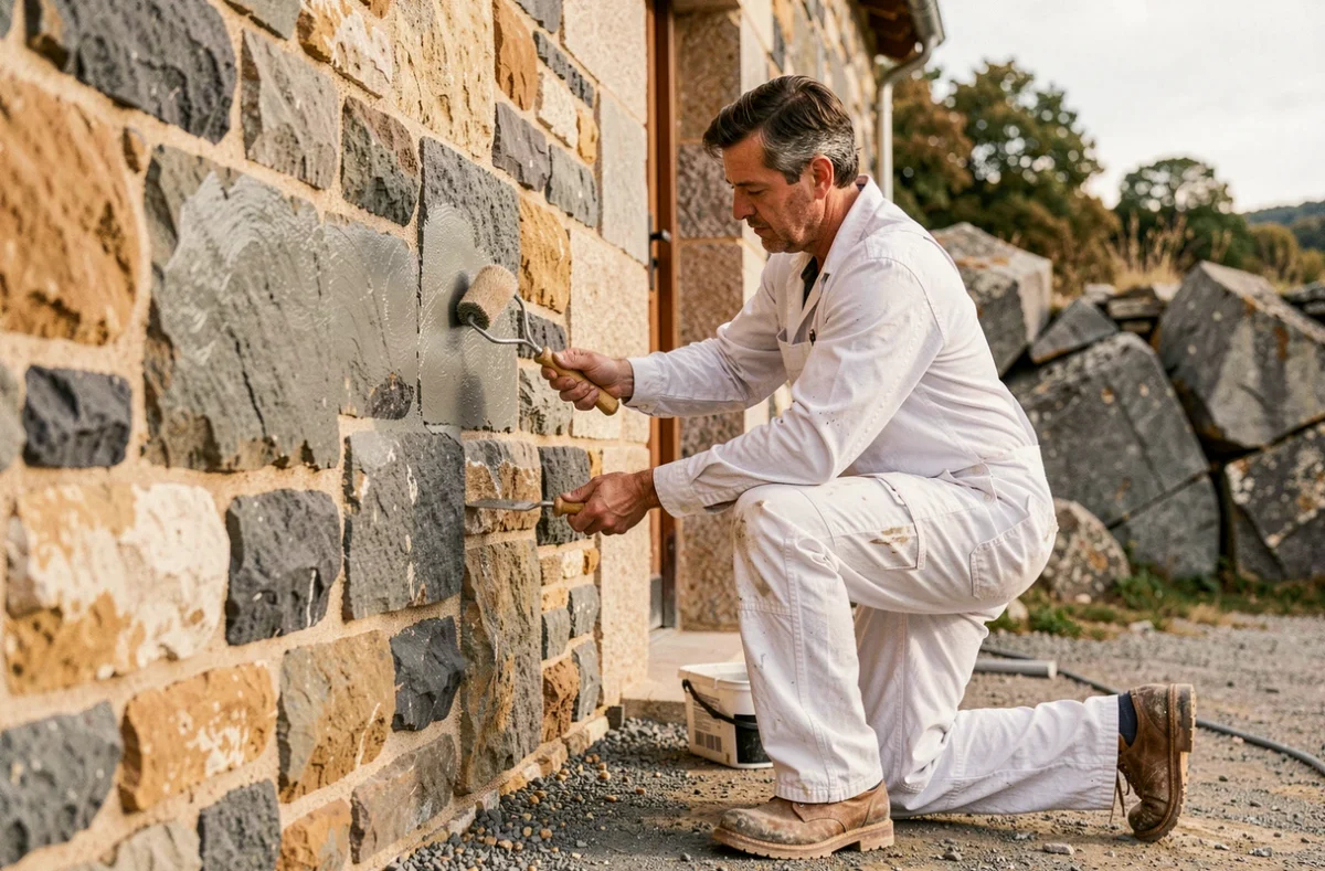 Peintre en bâtiment traitant une façade en pierre à Alès dans le Gard pour Ivanovitch Eddie
