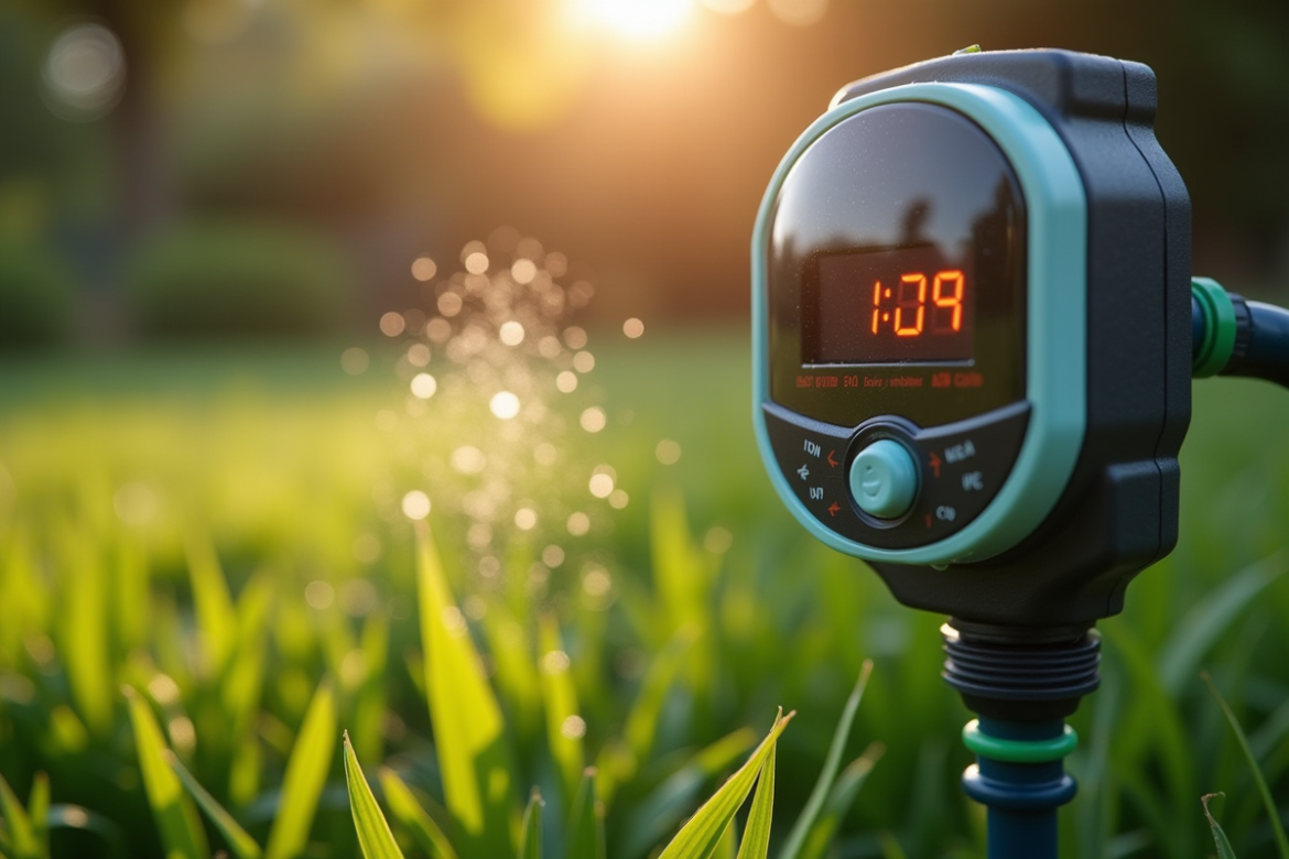Jardin moderne avec arrosage automatique et capteur pluie
