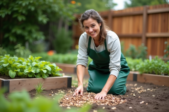 Femme en jardinage appliquant du mulch autour des plantes
