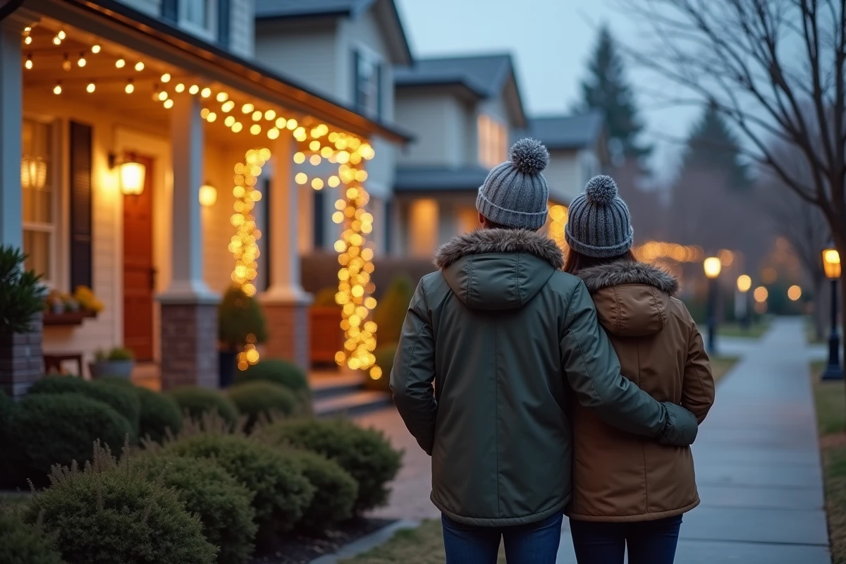Jeune couple admirant la façade décorée de leur maison en hiver